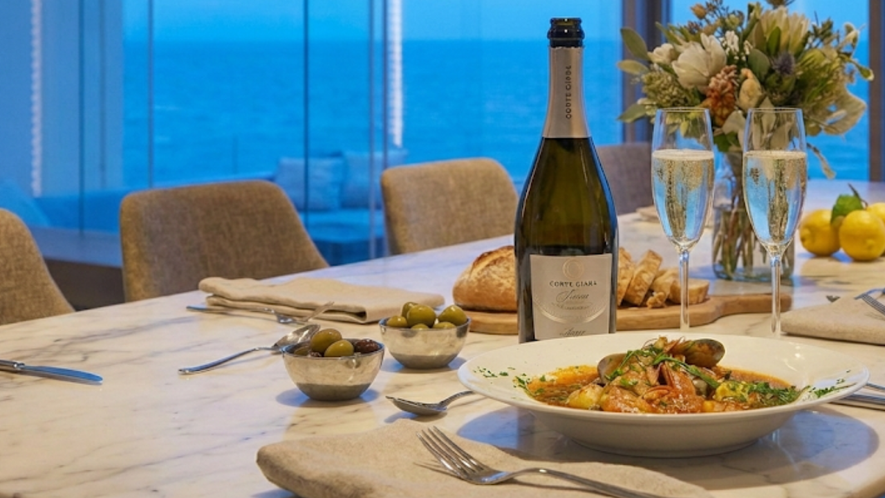 Seafood and Melon Tomato Stew with shrimp, scallops, and clams, paired with a glass of Corte Giara Prosecco