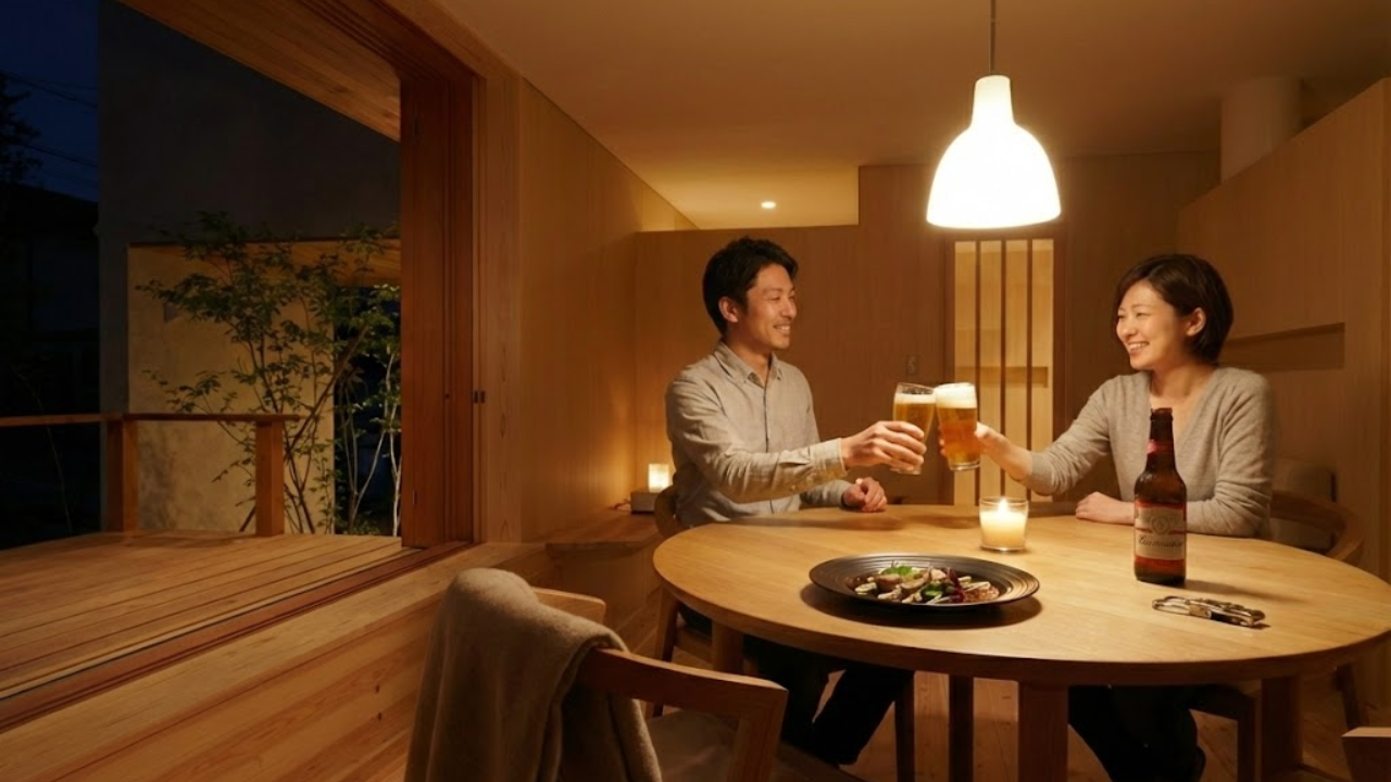 A close-up shot of a seared bonito steak on a plate next to a bottle of Budweiser beer, set on a dimly lit table