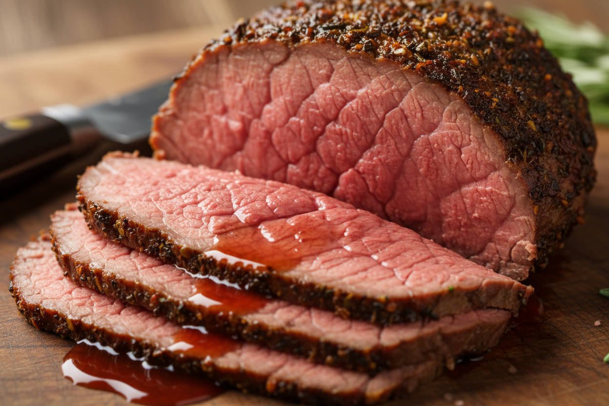 肉汁染み出すローストビーフがカットされている断面