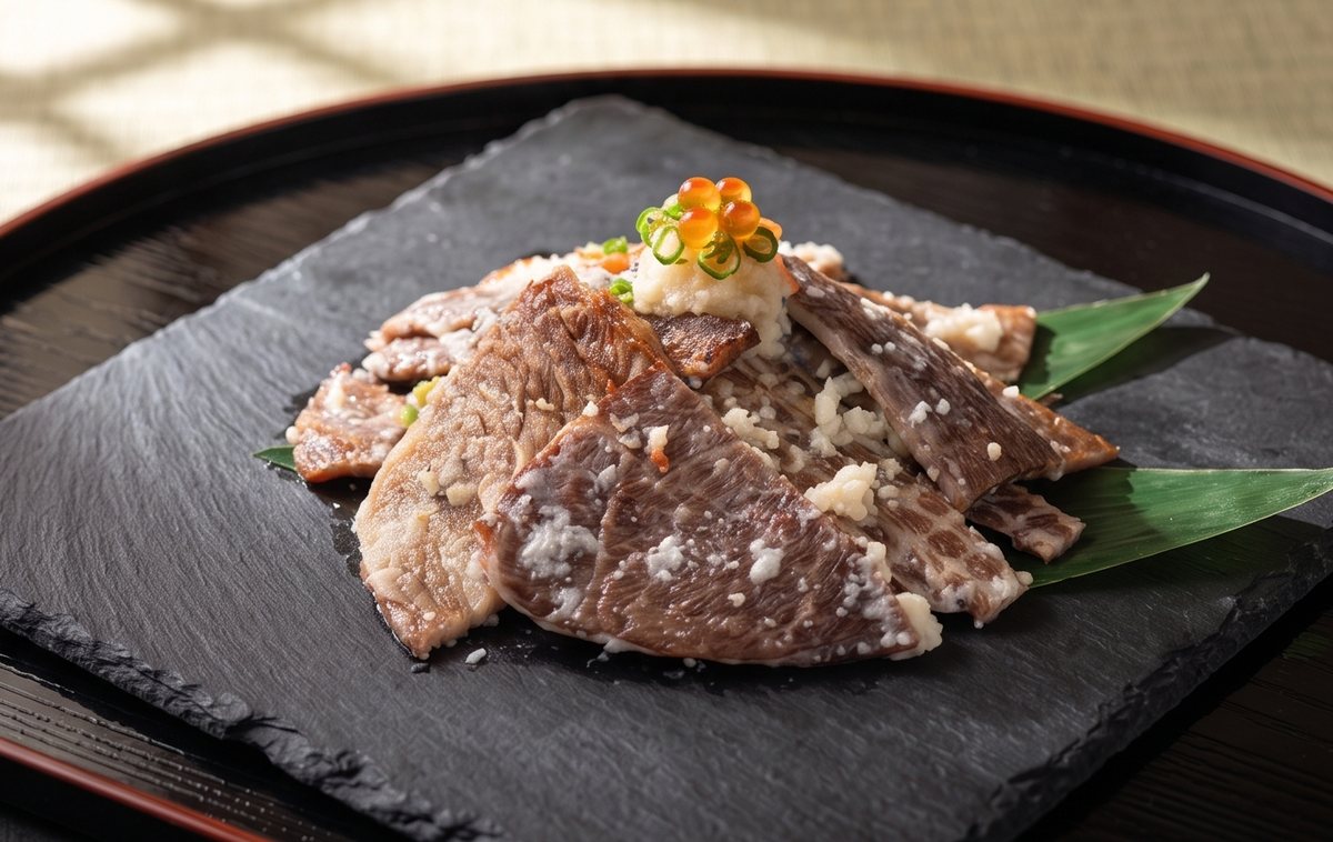 漆の盆と石皿に盛り付けたビーフズーシー